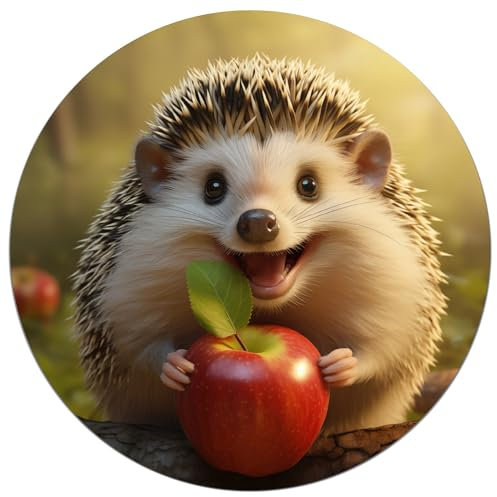 Wallario Glasbild rund Lächelnder Igel mit Apfel - Rund, 50 cm Durchmesser Wandbild Glas in Premium-Qualität: Brillante Farben, freischwebende Optik