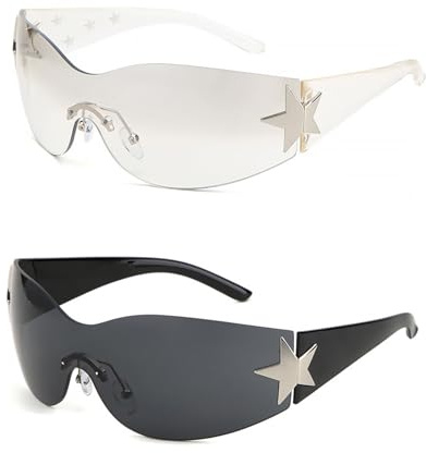 Shengxi Gafas de Sol Y2K Mujer - Envolventes Sin Montura Con Etiqueta En Forma De Estrella Vintage para Exteriores y Conducción