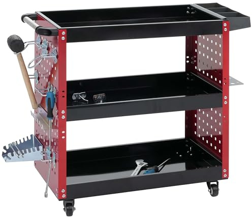 Mendler Werkzeugwagen HWC-M26 Stahl 73x90x35cm rot | Rollwagen, Werkstattwagen, Rollen, Handgriff, 3 Ladeflächen, Lochraster