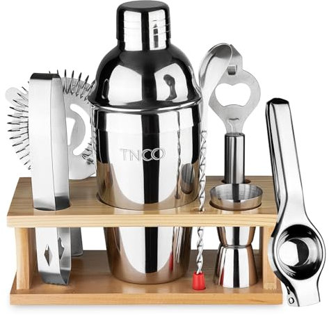 Mixology Bartender Kit Cocktail Shaker Set: 8 pezzi, strumenti da bar con supporto in legno, set da bar con tutti gli accessori essenziali: Martini Shaker, Jigger, colino, cucchiaio miscelatore,