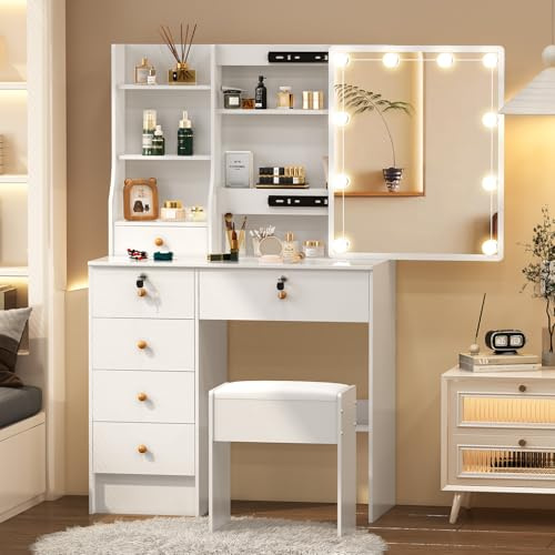 LIANWANG Hollywood Dressing Table with Sliding Mirror and Lights, 3 Color Modes 2 Lockable Drawers Vanity Desk, Makeup Table with 6 Shelves and Chair for Girls and Women,White