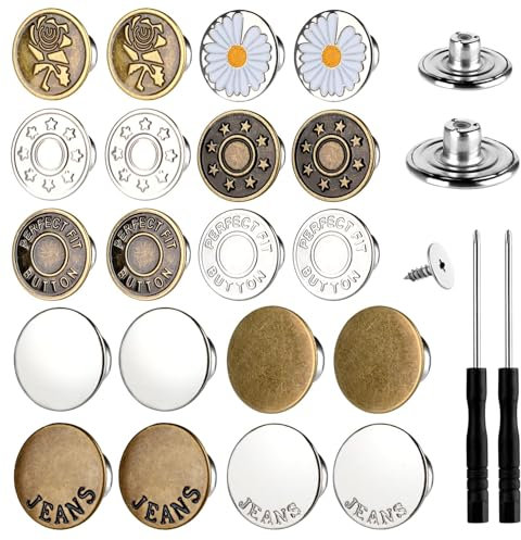 60 botones de metal para jeans de 17 mm, 20 mm, botón de metal sin costura, 10 patrones, ajustables, reutilizables, kits de repuesto instantáneos con remaches de rosca combinados, destornilladores