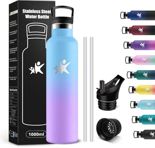 KollyKolla Borraccia Termica 1 litro, Bottiglia d'acqua senza BPA, Borraccia in Acciaio Inossidabile con Cannuccia, a Prova di Perdite, Riutilizzabile, Borracce per Ufficio, Sport, Ciclismo, Lavoro