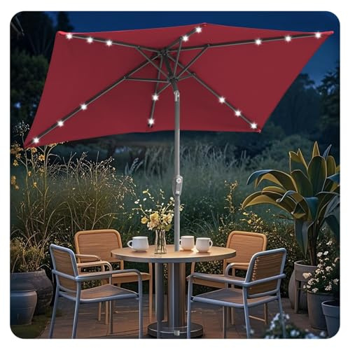 ISOISL Sonnenschirm LED Solar 140x210CM Kurbel-Schirm Rechteckig Gartenschirm Terrassenschirm knickbar Sonnenschirme ohne Ständer Kippbar Großschirm für Balkon,Terrasse,Garten,Rot