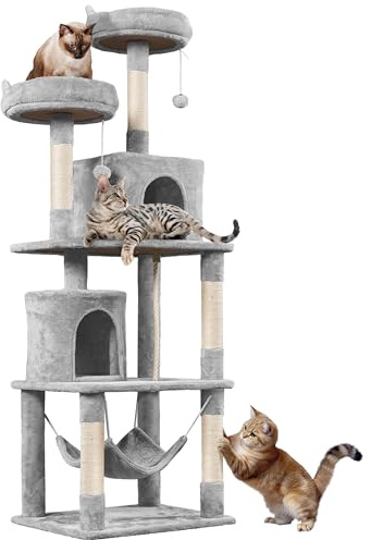 Yaheetech 179 cm Cat Tree for Large Cats with 2 Condos, Light Grey | Cat Tower for Indoor Cats, Multi-Level Cat Scratching Post, 2 Perches, Hammock, Dangling Ball, 61x 49cm Base