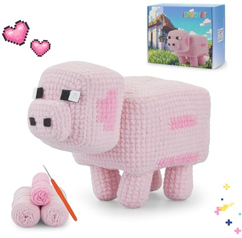 ⅠCROCHET Schweine-Häkelset - Familie Craft Set für Erwachsene und Kinder | Geschenk-Box enthalten, Schritt-für-Schritt-Video & Soft Yarn für Tier häkeln