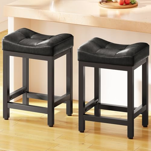 Dripex Tabourets de Bar,Lot de 2 Tabourets d’Ilot de Cuisine,PU avec Coutures,Hauteur 64 cm,Bar de Salle à Manger, Montage Facile,Tabourets de Cuisine avec Cadre en Métal,Noir