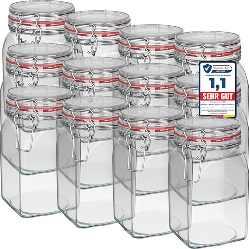 WELLGRO Einmachgläser mit Bügelverschluss eckig, Fermentierglas, Vorratsgläser mit Deckel, Bügelglas - Gläser mit Deckel Made in Germany (1150ml x 12 Stück)