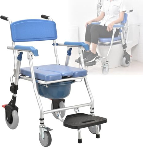 vanenferse Silla Ducha WC con Ruedas Plegable, 3 En 1 Silla para WC Y Ducha Móvil Multifunción con Respaldo Y Cubo De Inodoro, Silla De Ruedas para Ducha Asiento Blando para Personas Mayores