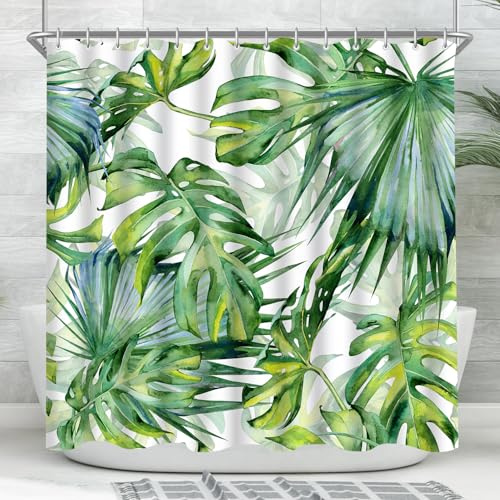 Lerores Duschvorhang 160x160 cm Grün Blätter, Beschwerter Saum Antischimmel Textil, Wasserdicht, Waschbar Polyester Stoff Badevorhänge mit 12 Ösen und Duschvorhangringe für Badezimmer, Badewanne
