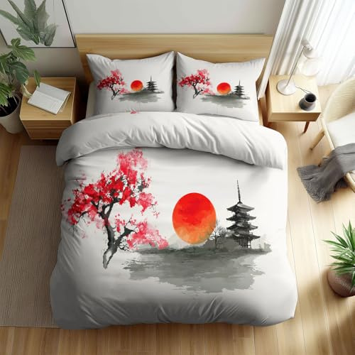 XCQHZYQ Copripiumino Singolo Bambino Paesaggio Giapponese Fiori Ciliegio Biancheria da letto Completo letto Bianco Reversibile Set Copripiumino 2 Pezzi, Copripiumino 150x200 cm e 1 Federa 50x80 cm