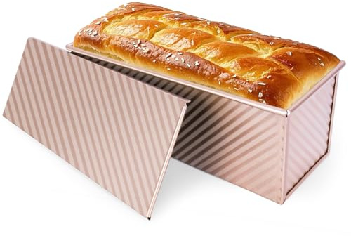 Shinsin Pullman Loaf Pan with Lid 13x4, Large Bread Pan for Homemade Sandwich with Cover, 2.2lb Long Bread Loaf Tin for Sourdough, Nonstick & Easy Clean (Gold)