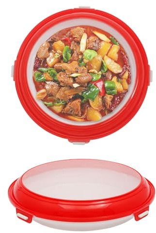 LuLobtg 2 Pcs Food Preservation Tray, Portable Round Vacuum Food Storage Container with Clear Lid for Picnic Travel, Stackable Reusable Fresh Storage Tray for Vegetable Fruit Meat Kitchen Fridge(Red)