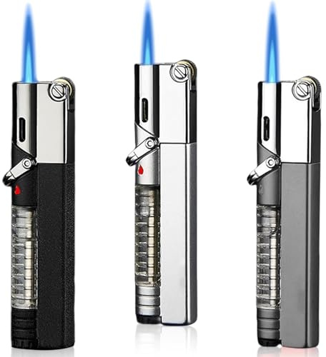 Paquete de 3 encendedores de Llama a reacción, Recargables con butano, con Ventana de Gas Visible, Resistentes al Viento, de Metal, con Llama Ajustable y Formas Intercambiables for Hombres (sin Gas).