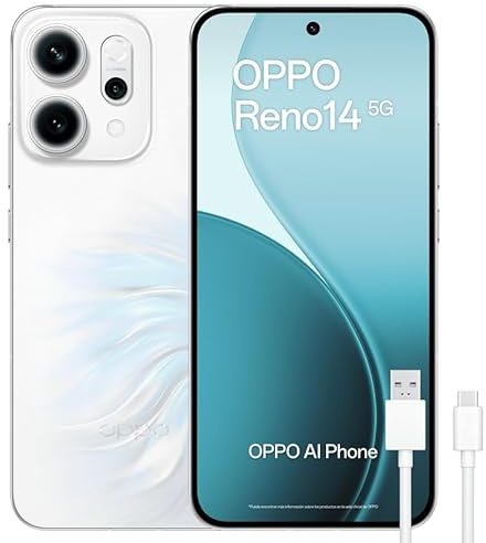 OPPO Reno14 5G – Smartphone Libre con IA, 12GB RAM + 512GB, Cámara Triple 50MP, Batería 6000mAh, Carga Rápida 80W, Pantalla AMOLED 120Hz, IP69, Dual SIM, Android, Versión Española - Opal White