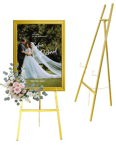 Gold Easel Stand for Sign – 47 Heavy Duty Metal Easel with 4-Tier Height & Adjustable Angle – Elegant Art Easel for Wedding Sign, Welcome Boards, Display, Event – Easy Assembly, Storage Bag Included