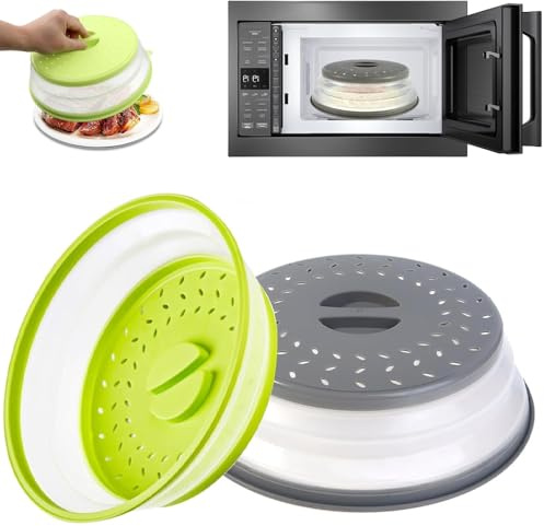 Mikrowellen Abdeckung Faltbar, 2 Stück Mikrowellenhaube, Microwellenabdeckungen 27cm, Mikrowelle Abdeckhaube mit Haken, auch als Filterkorb mit Dampflöchern (Grün + Grau)