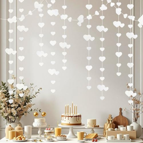 JYNXOR 2 Stück 4m Weiß Herz Girlande Hochzeit Deko, Hängenden Papier Girlande Weiß Deko,36Ft Doppelseitig Metallisches Papier Hängende Girlande für Hochzeit Verlobung Jahrestag Valentinstag