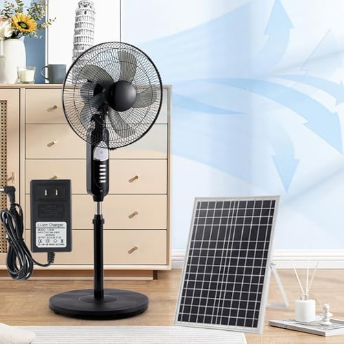 Solar Standing Floor Fan, Ultra Quiet Oscillating, Rechargeable for Outdoor Camping Picnic Home Balcony