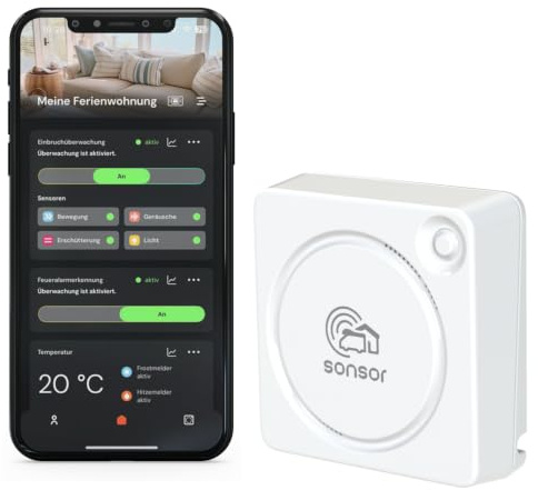 sonsor - Alarmanlage & Raumklimasensor inkl. kostenloser App mit WLAN für Ferienhaus, Wohnung, Garage oder Garten (weiß)