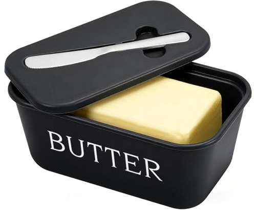 Eastrise Butter Dish with Lid and Knife for Kitchen Countertop,Large Food Grade PP Butter Holder, Includes Stainless Steel Spreader, BPA-Free Container Keeps Butter Soft & Spreadable(Black)