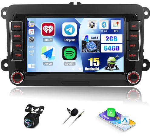 CAMECHO 2G+64G Android 15 Autoradio para VW Golf 5 Golf 6 Polo Skoda con Navi Carplay Android Auto, 7 Pulgadas Pantalla Doble DIN Carplay autoradio con Bluetooth5.0 FM/RDS DSP SWC+Cámara Trasera