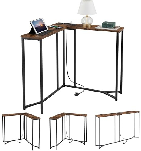 YITAHOME Konsolentisch mit Steckdosenleiste, 3 Kombinationsmodi, Schwarz | L-förmiger Konsolentisch Shmal mit Ladestation, 2 Steckdosen und 2 USB-Anschlüsse, Sofatisch, für Eingangsbereich, Flur
