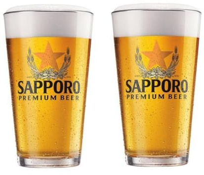 サッポロビール Sapporo Premium Beer Pint Glasses, Set of 2, Yellow Star Logo Design, Clear Glass Barware