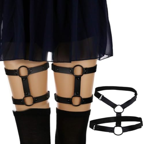 Biglumin Giarrettiera - Giarrettiera per Gambe in Pelle Nera da 2 Pezzi, Fascia sulla Coscia, Giarrettiere Regolabili, Accessori Personalizzati e Versatili, Accessori per Le Gambe Cosplay (Stile 2)