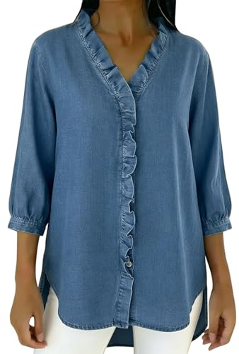TURWXGSO Women's Summer Denim Blouse V Neck Button Down 3/4 Sleeve Shirt Ruffle Neck Side Split Jean Blouse Casual Elegant Loose Fit Tops Daily Vacation Party Tops for Ladies