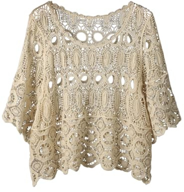 Boho Tops for Women Loose Crochet Cover-Up Lightweight Short Sleeve Lace Top Beach Boho Knitted Blouse for Summer Spring Casual Outing Pullover Dress