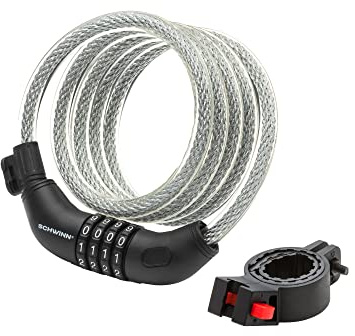 Schwinn Bike Combination Cable Lock, 6 ft x 12 mm, Black & Silver, Durable Steel, Vinyl Cover, Carrying Bracket for Storage and Transport, Anti Theft Protection, Bike Lock Cable for Security