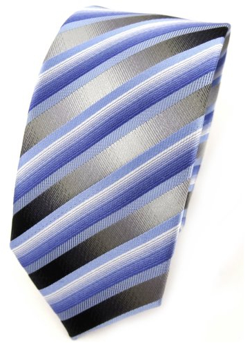 TigerTie - schmale Designer Seidenkrawatte in blau anthrazit silber gestreift
