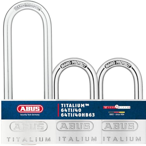 ABUS hänglås titalium 64TI/40 HB63 – uppsättning av 3 – lika låsande – källarlås med låskropp av speciell aluminium – härdat stålfäste – ABUS-säkerhetsnivå 5