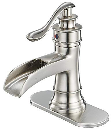 BWE Brass Brushed Nickel Waterfall Sink Faucet, Classic & Modern (No Drain)