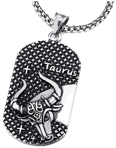 COOLSTEELANDBEYOND Vintage Horoskop Sternzeichen Tierkreis Zeichen Stier Taurus Dog Tag Anhänger Edelstahl Halskette mit 75cm Stahl Weizen-Kette, Zwölf Sternbilder, Herren Damen