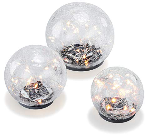 Esotec Solar Leuchtkugelset Golden Balls, 3er Set, Echtglas Crackle Bruchglas, LED-Leuchtkugel, Geschenk, Akku, Kugelleuchte, Solarleuchte, Gartenkugel, Solarkugel, wetterfest IP44, outdoor, 102088