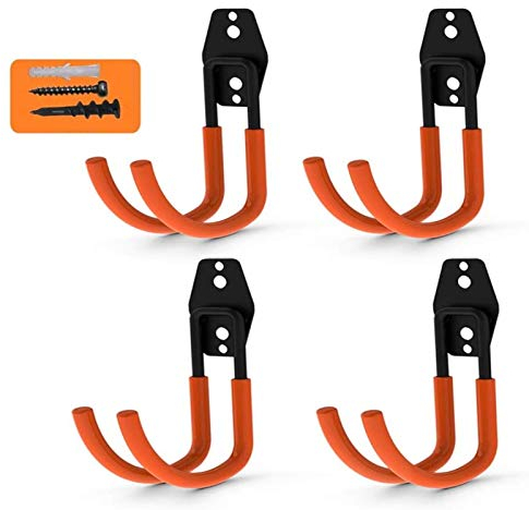 Crochet Mural Garage,J Crochet Garage Double Charge Lourde,Crochets Utilitaires Rangement,4 Pièces Anti Dérapant Crochets Muraux pour Garage Jardin,Électriques Outils,Tuyaux,Vélos,Êchelle Stockage