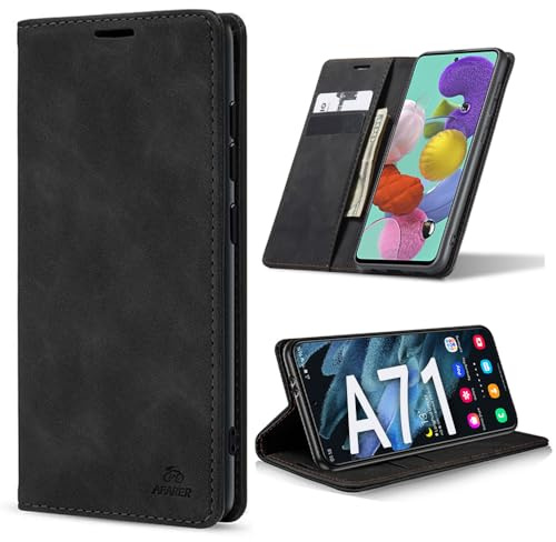 AFARER Handyhülle für Samsung Galaxy A71, mit Magnetverschluss klapphülle, Brieftasche Klappbar Ledertasche Leather Wallet case Stoßfest Schutz mit Kartenhalter,Klappständer Ständer - Schwarz | Magnetverschluss, Brieftasche Klappbar, Ledertasche, Kartenhalter, Klappständer