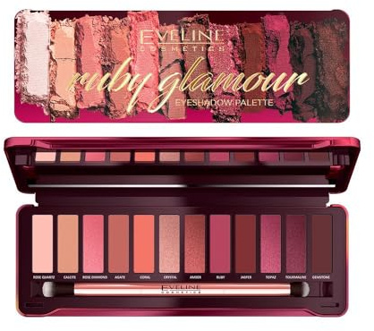 Eveline Cosmetics Ruby Glamour Lidschattenpalette - 12 Nuancen inspiriert von Edelsteinen, mischbare matte und metallische Finishes mit doppelseitigem Pinsel