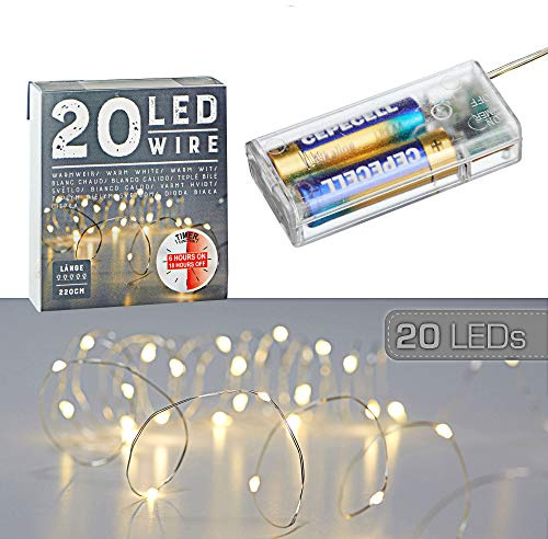 20 LED Micro Wire Fairy Lights with Timer, Warm White, Silver, Battery Decorative Lighting Christmas (1 x 20 LED Micro Wire Fairy Lights)