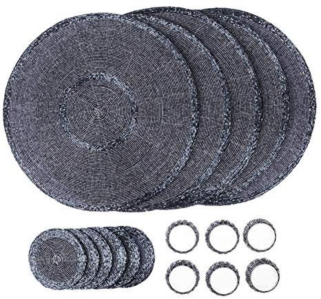 Penguin Home® Platzsets, Untersetzer und Serviettenringe mit Glasperlen – Silber und Weiß – runde Tischsets – handgefertigt von erfahrenen indischen Kunsthandwerkern – Durchmesser – 32 cm