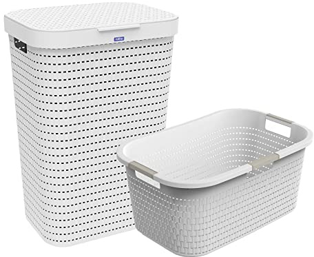 Rotho Country Wäschekorb Weiß 2er-Set 40 L & 55 L Wäschesammler Rattanoptik | Wäschekörbe im Set, Wäschebox in Rattanoptik, leicht zu tragen, robust und langlebig, einfach zu reinigen, hygienisch