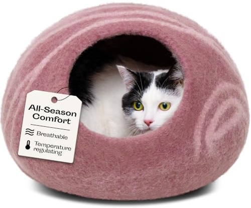 MEOWFIA Kattgrotta – premiumfilt kattbädd för inomhuskatter, handgjord 100% merinoull (guldros, Large)