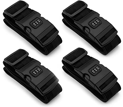 MyGadget 4X Cintas para Maletas Viaje con Cerradura de Combinación - de 100 cm a 180 cm - Correas Equipaje Paquetes, Bolsas - Cinturones Ajustables - Negro