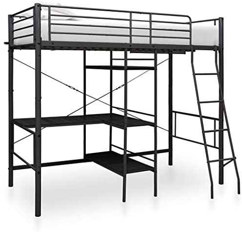 Hommdiy Etagenbett mit Tischrahmen Metallbett Hochbett Bett Kinderbett Jugendbett Bettgestell Schlafzimmerbett Schwarz Metall 90x200 cm