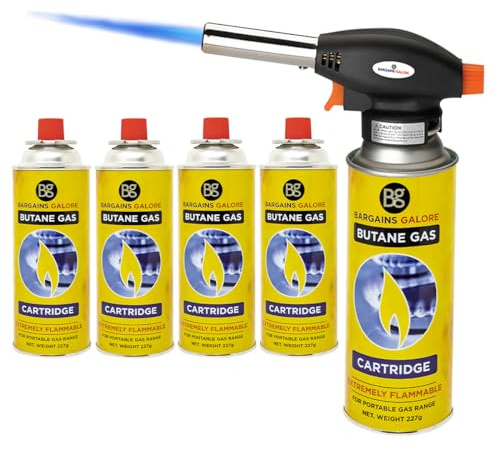 Blow Torch + 4 Butane Gas Bottles - for Camping, Cooking, Kitchen, BBQ, Desserts, Creme Brulee | Refillable Flamethrower Welding Refill Auto Ignition Soldering Weed Burning Blowtorch Lighter
