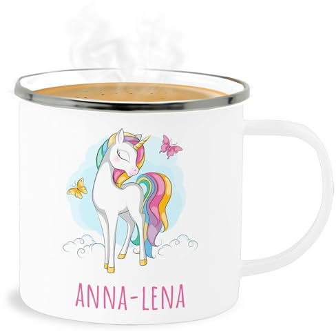 Emaille Becher Blechbecher - Einhorn mit Name personalisiert Geschenk Unicorn I Einhörner Kinder Geschenk - 300 ml - Weiß Silber - personalisierte unicorns personlisierte tassen für kindergarten
