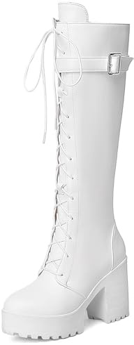 Joliss Mujer Tacón Ancho Knee Botas con Hebilla Punta Rojoonda Zip Zapatos Largas Lady Moda Botas Altas Las Agujetas Blanco Talla 37 EU/38Cn