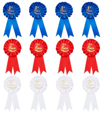 GOMAKERER 12 Pcs 3 Colors Award Ribbon Rosette Set, Satin Participation Ribbon Honorable Ribbon Badge Award Ribbon Rosette Set for Classroom Prize Science Fair Talent Show Spelling Bee